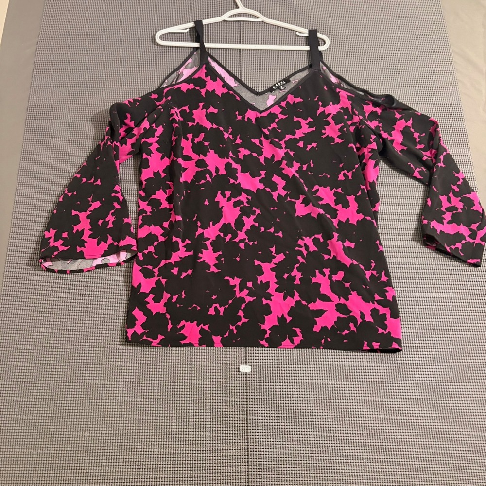 Rebel Wilson x Angels Womens 2X Pink Black Floral Cold Shoulder Blouse Top